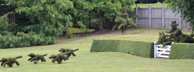 The classic view of the  topiary horses, riders and dogs at Ladew Topiary Garden in Maryland