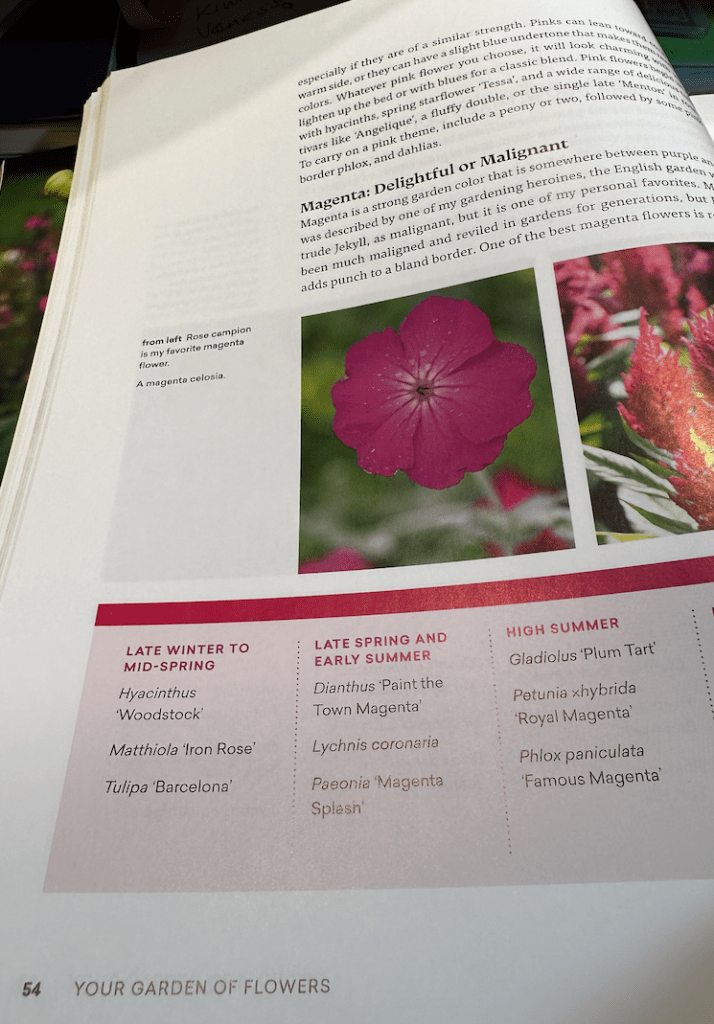 The Ultimate Flower Gardener's Guide by Jenny Rose Carey page 54 is about magenta colored flowers