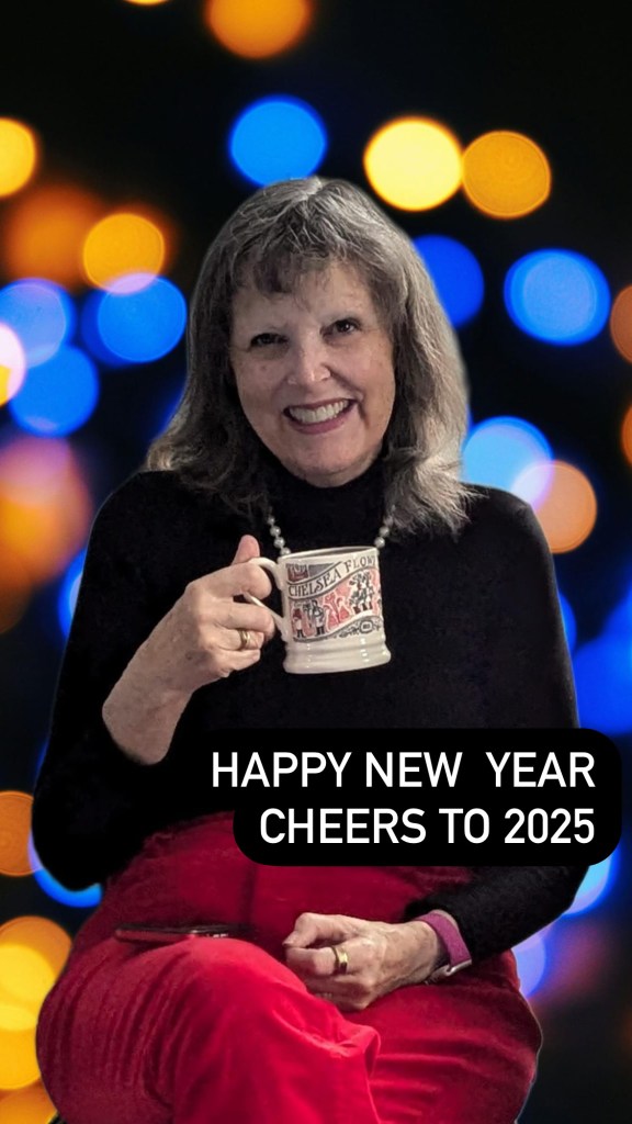 Jenny Rose Carey with a cup of tea - wishing you a Happy New Year 2025 and good reading