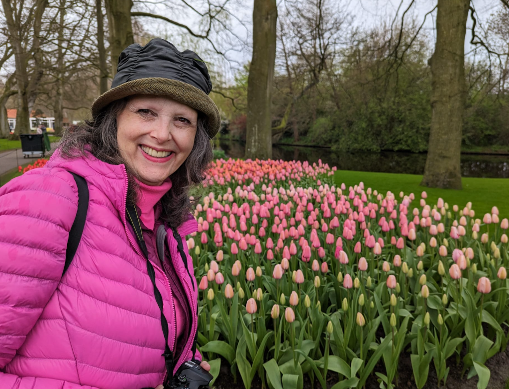 Jenny Rose Carey at the floriferous gardens at Keukenhof in the Netherlands - with plenty of pink tulips!