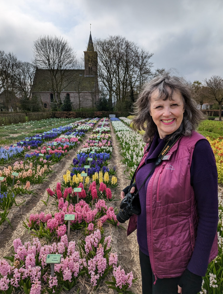 Jenny Rose Carey at the Hortus Bulborum, North Holland - with historic cultivars of hyacinths in front of a picturesque church with a spire.