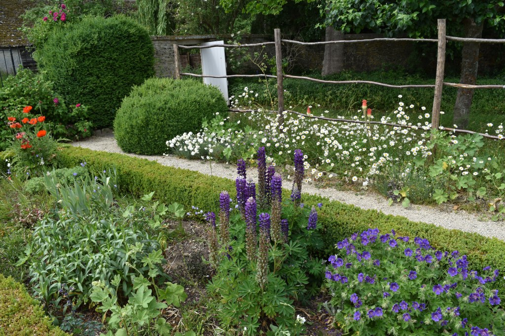 The garden contains flowers such as lupin, poppy, daisies, and hardy geraniums backed by a rustic support structure.