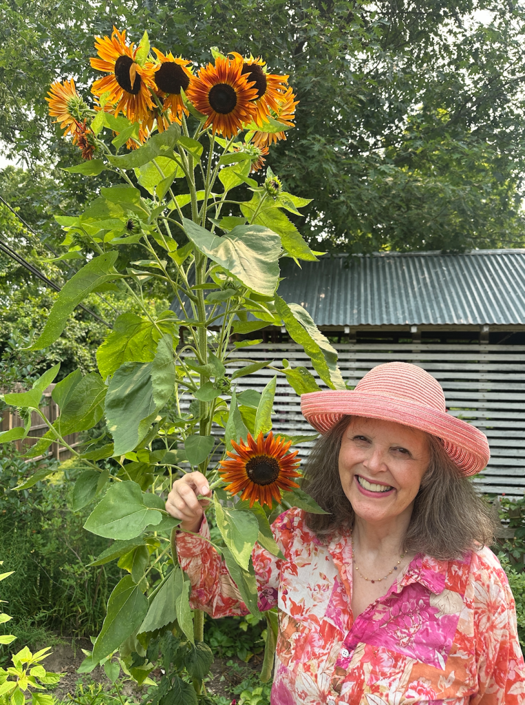Jenny Rose Carey with a very tall sunflower at Northview Garden