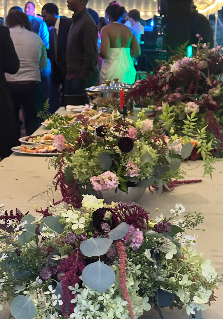 Garden wedding with flower arrangements